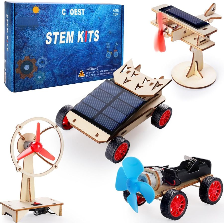four solar and wind powered wooden stem models